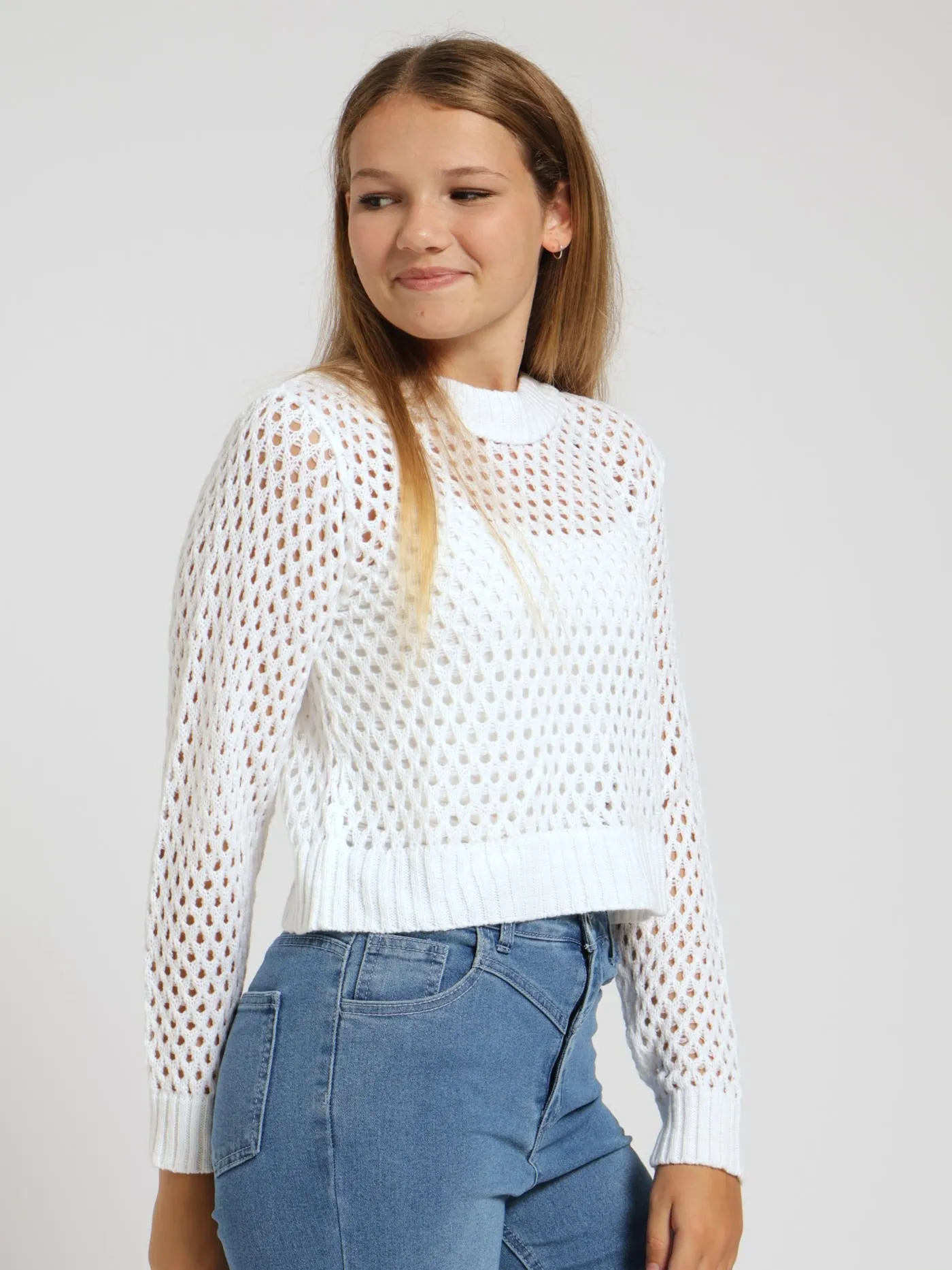 Girls Long Sleeve Crochet Knitwear - White