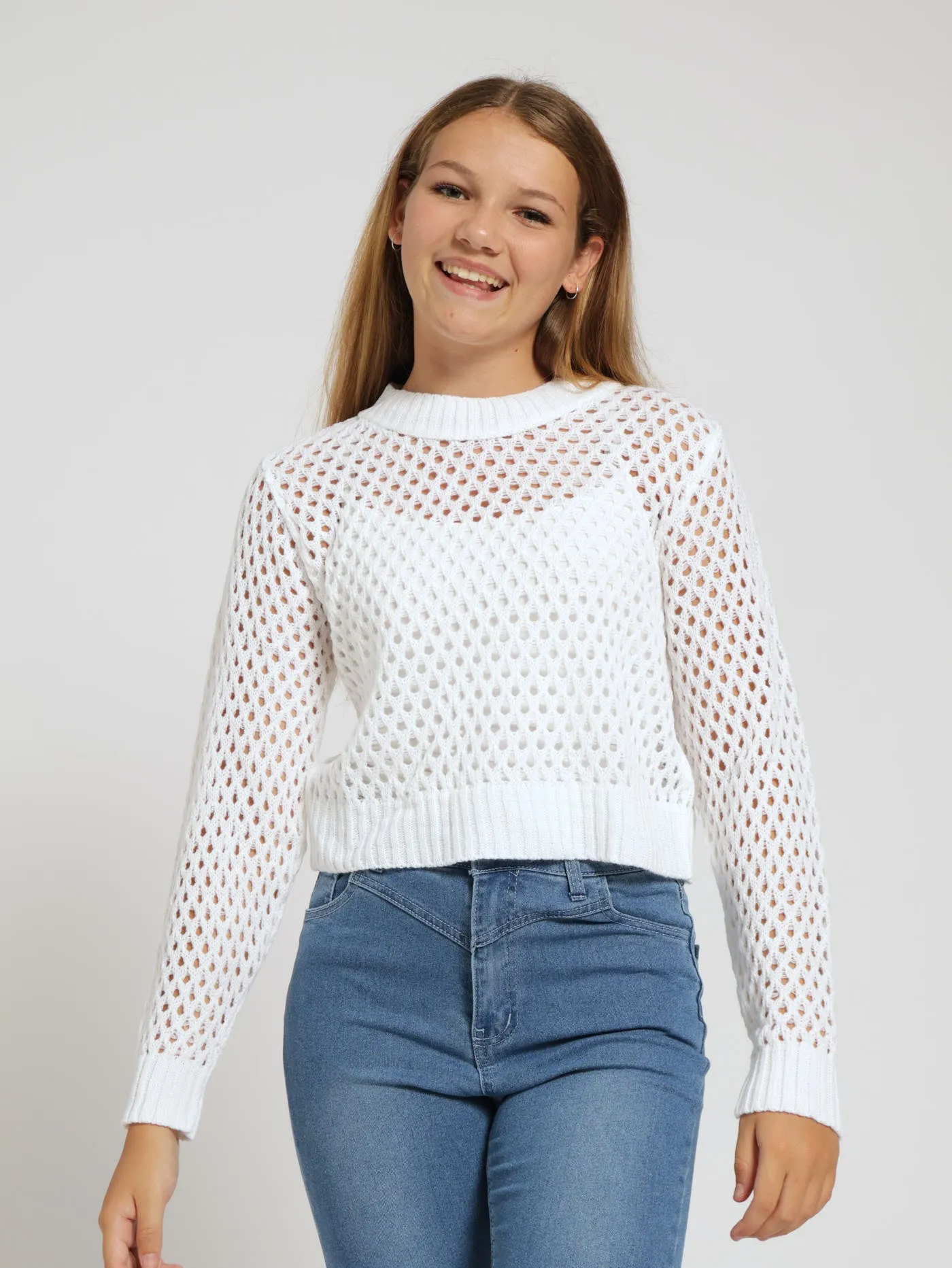 Girls Long Sleeve Crochet Knitwear - White