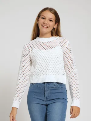 Girls Long Sleeve Crochet Knitwear - White