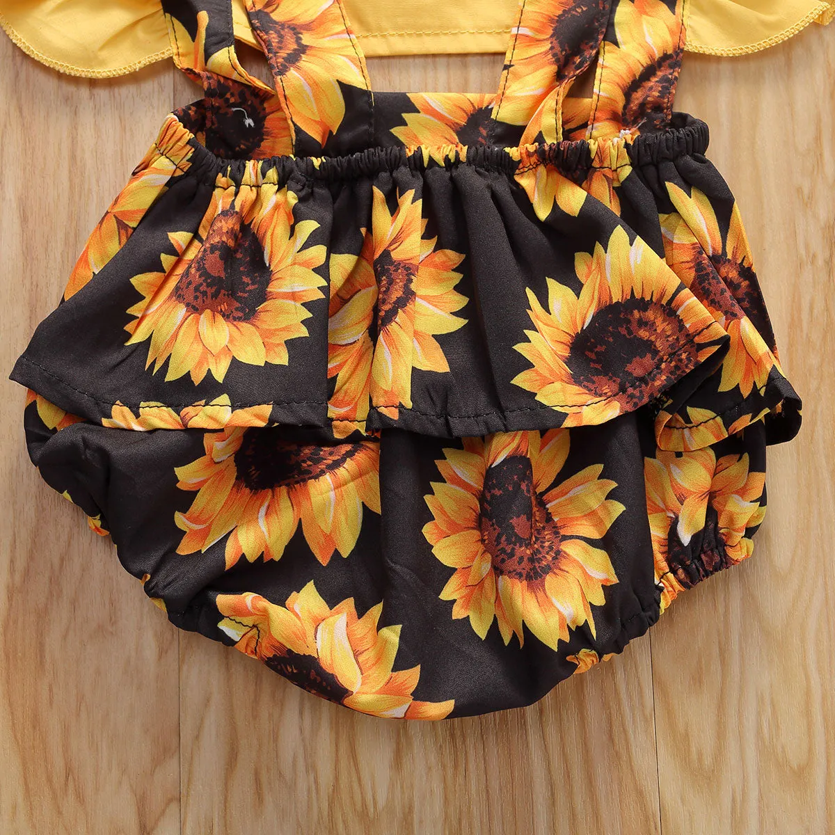 Girls Summer Clothes Sunflower Romper Ruffle Jumpsuit- Headband Outfits 0-24M