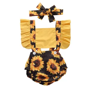 Girls Summer Clothes Sunflower Romper Ruffle Jumpsuit- Headband Outfits 0-24M