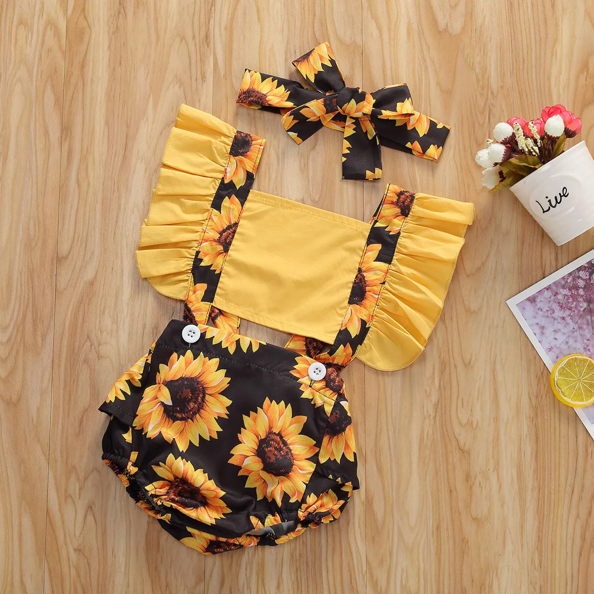 Girls Summer Clothes Sunflower Romper Ruffle Jumpsuit- Headband Outfits 0-24M