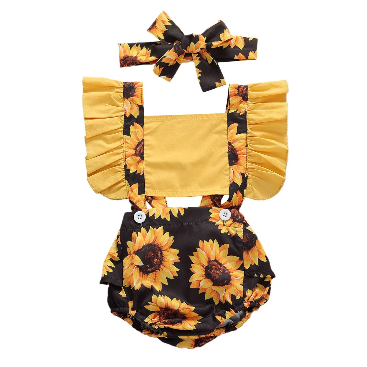 Girls Summer Clothes Sunflower Romper Ruffle Jumpsuit- Headband Outfits 0-24M