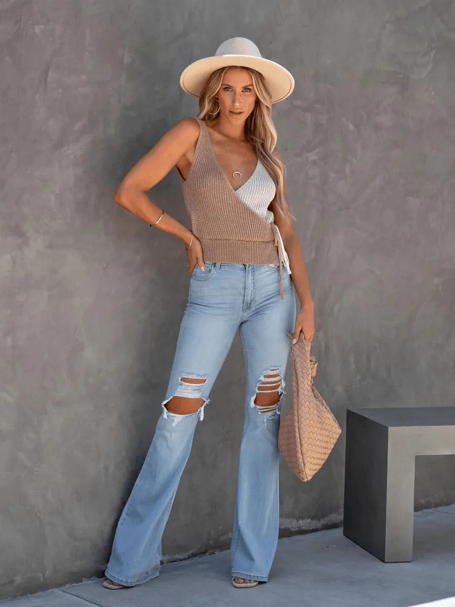 Glenda Crochet Wrap Knit Tank - Beige