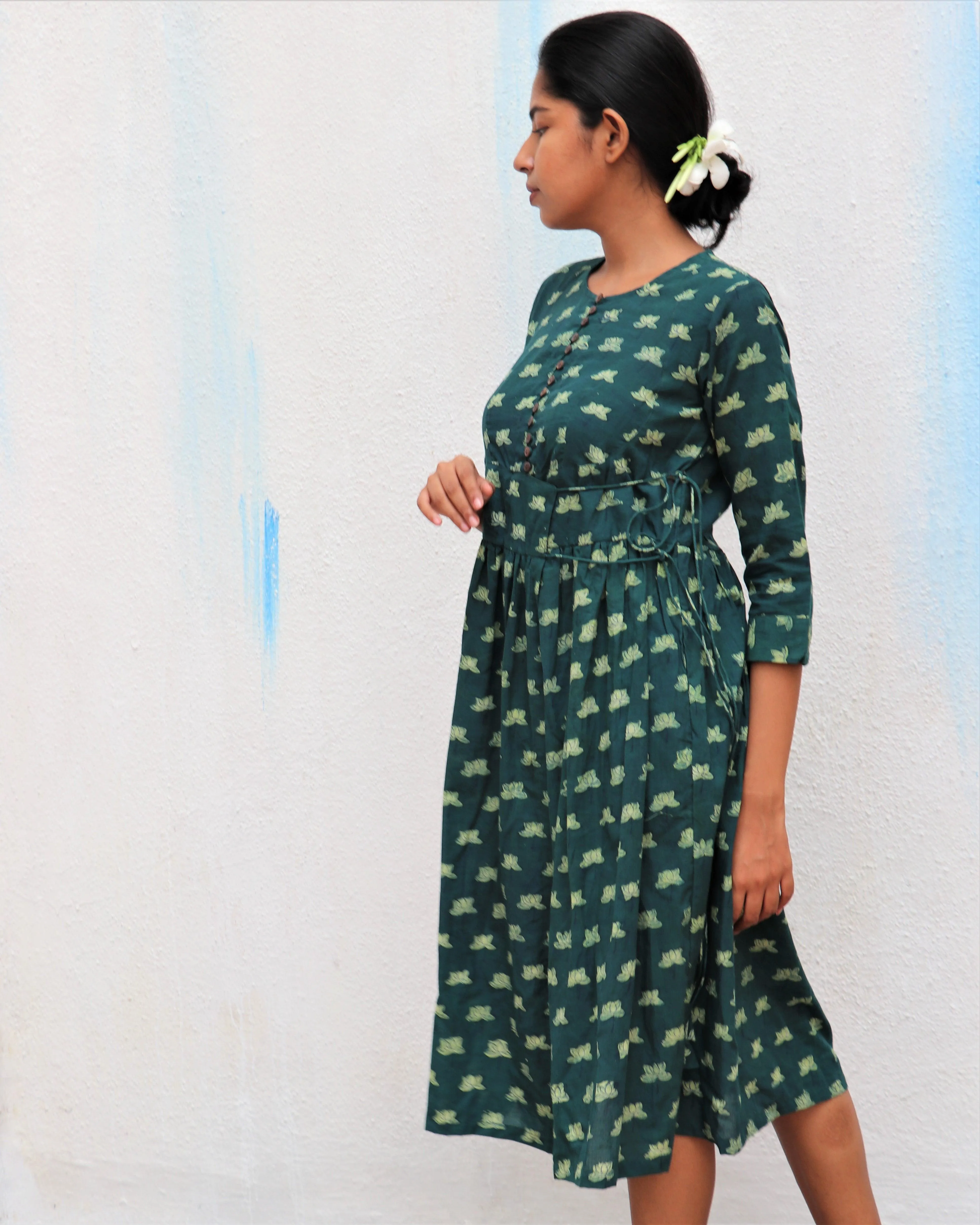 Green Blossom Block Printed Cotton Slit Dress - For