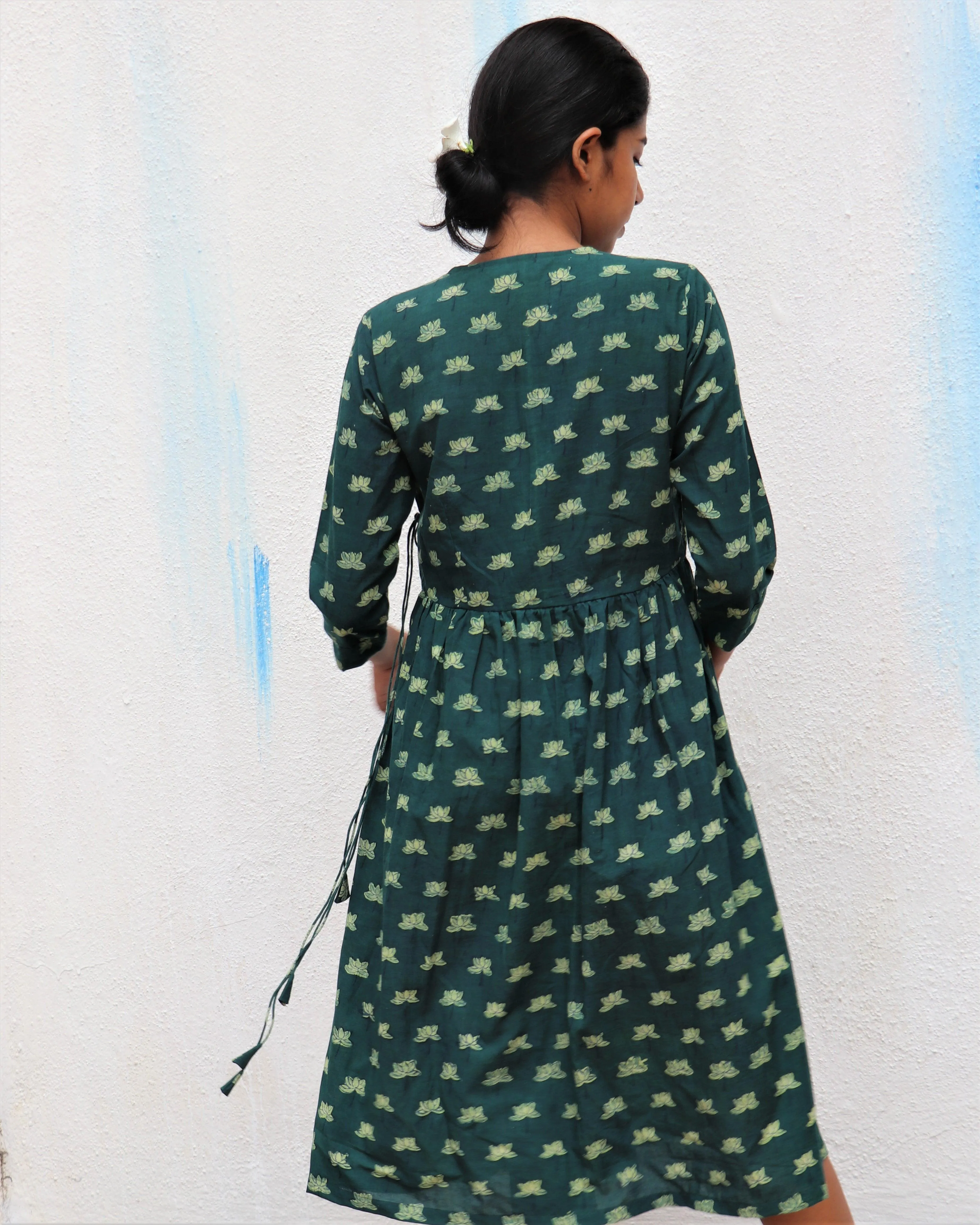 Green Blossom Block Printed Cotton Slit Dress - For