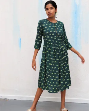 Green Blossom Block Printed Cotton Slit Dress - For