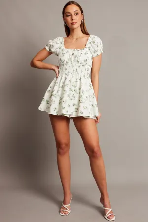 Green Floral Ruffle Playsuit Short Sleeve Ruched Bust