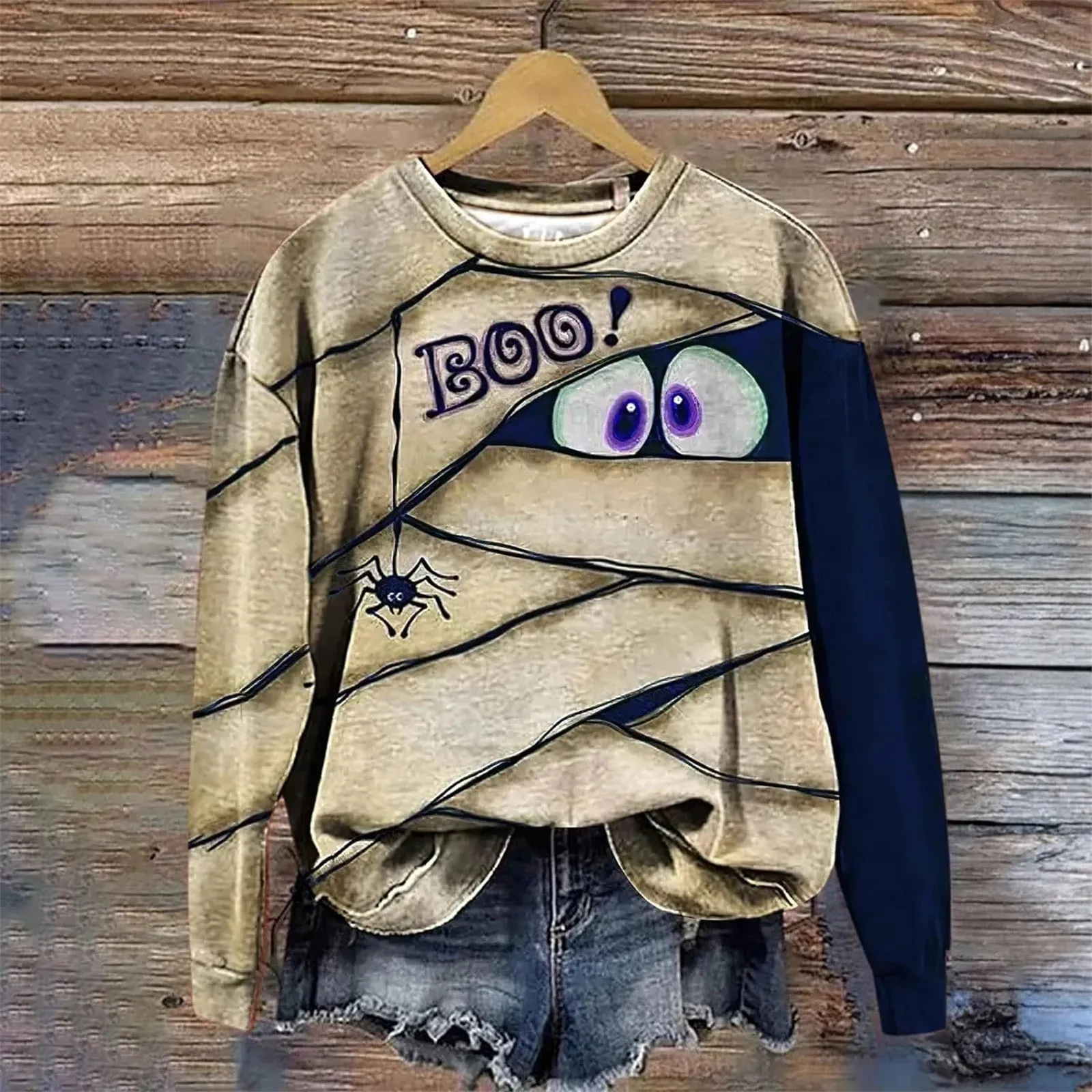 Halloween Sweatshirt Eye Spider Allover Print Hoodless Sweatshirt Boo Round Neck Long Sleeve Pullover Sweater Oversize Hoodies