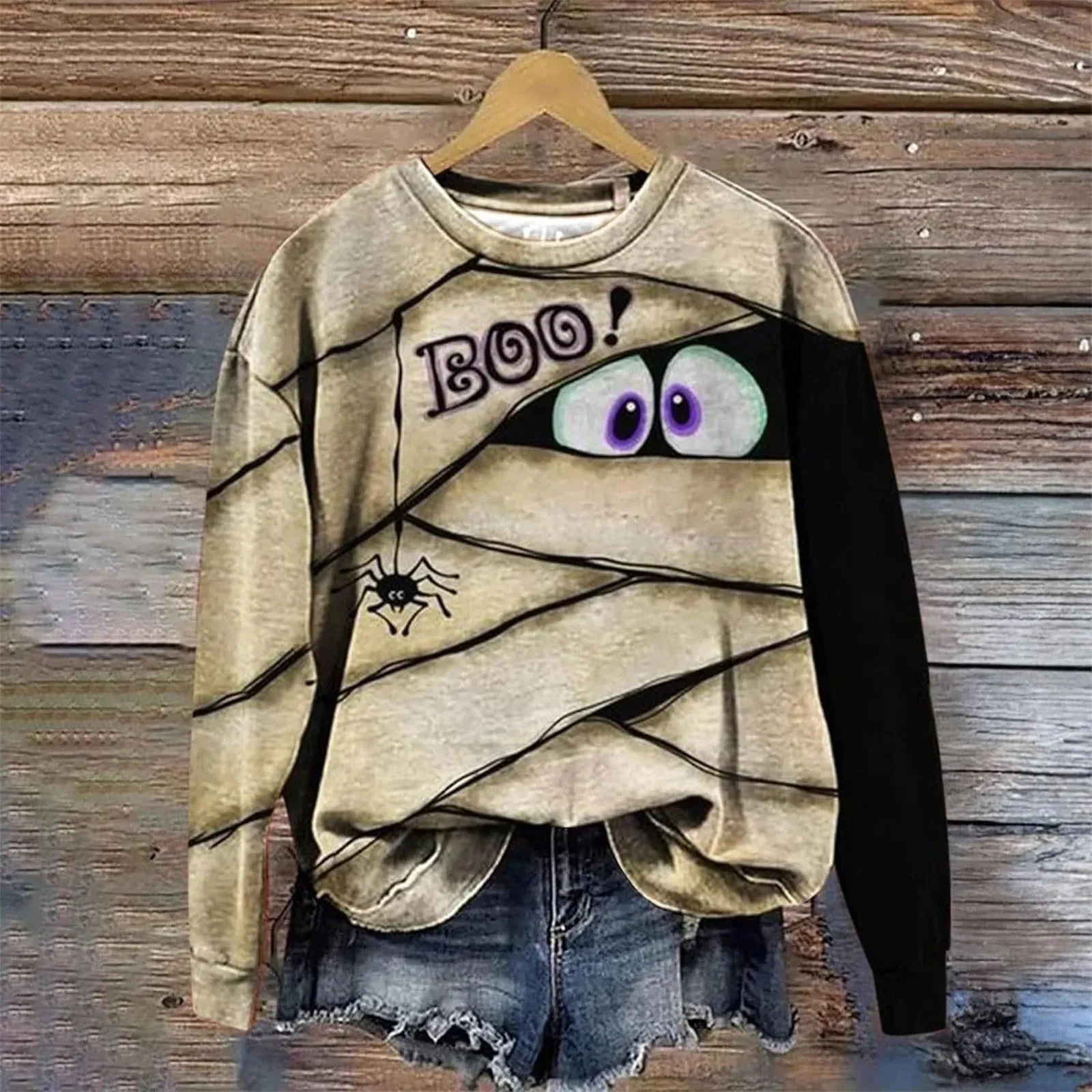 Halloween Sweatshirt Eye Spider Allover Print Hoodless Sweatshirt Boo Round Neck Long Sleeve Pullover Sweater Oversize Hoodies