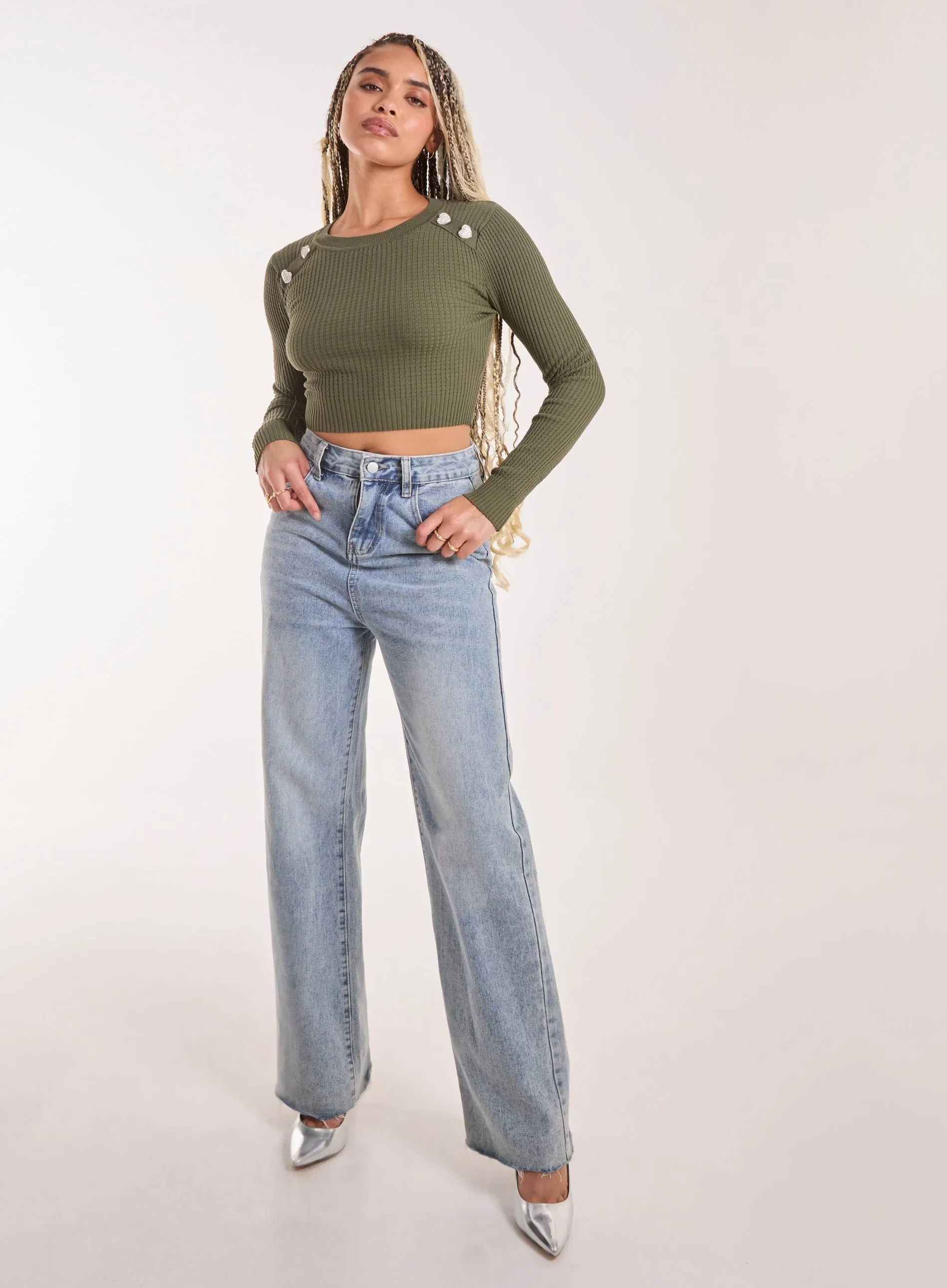Heart Embellishment Rib Knit Top