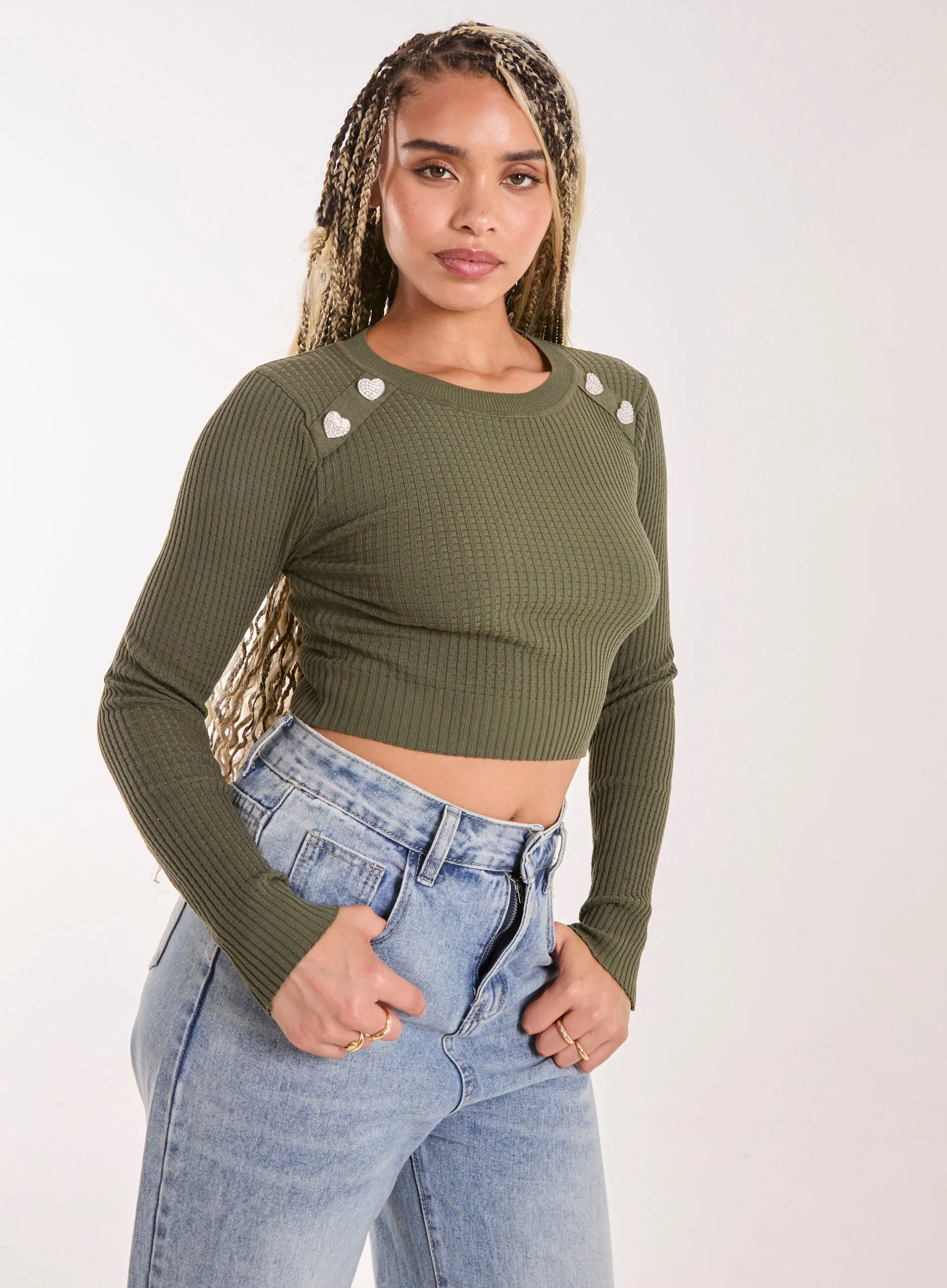 Heart Embellishment Rib Knit Top