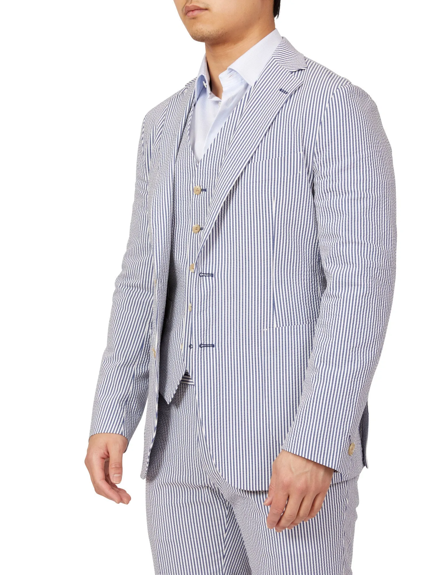 HENRY SARTORIAL Orleans Seersucker Blended Cotton Jacket NAVY/WHITE REG