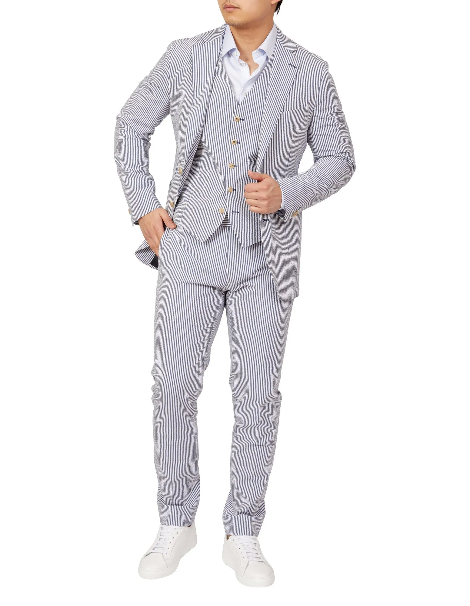 HENRY SARTORIAL Orleans Seersucker Blended Cotton Jacket NAVY/WHITE REG