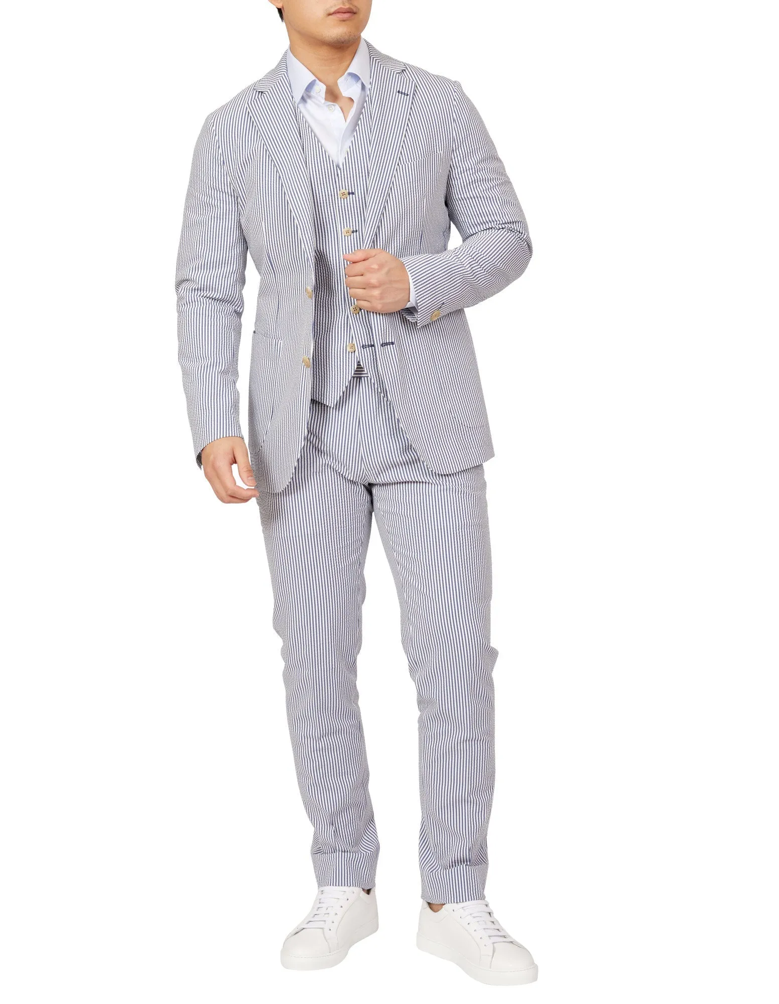 HENRY SARTORIAL Orleans Seersucker Blended Cotton Jacket NAVY/WHITE REG
