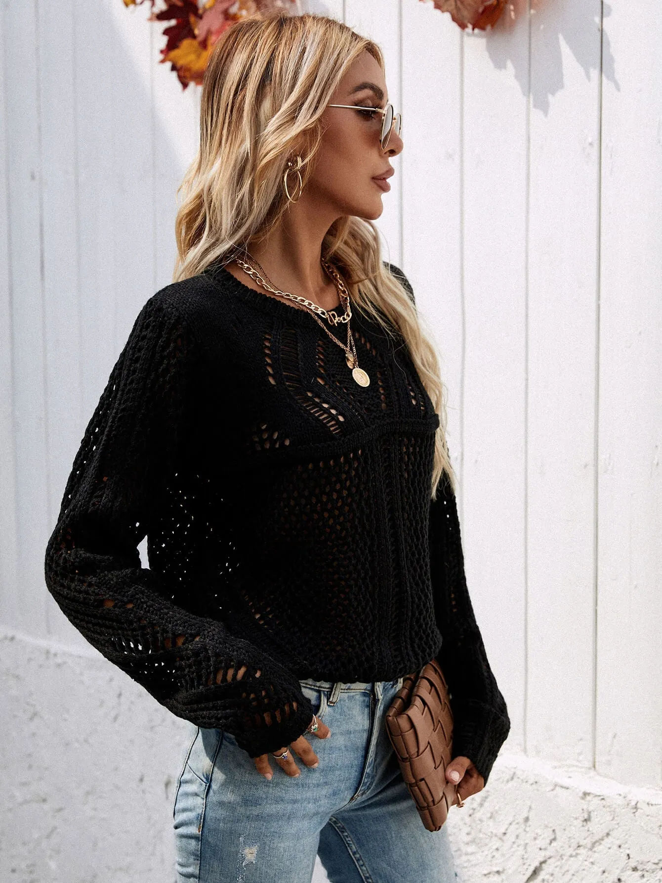 Hollow Out Crochet Knit Top - Black