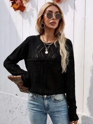 Hollow Out Crochet Knit Top - Black