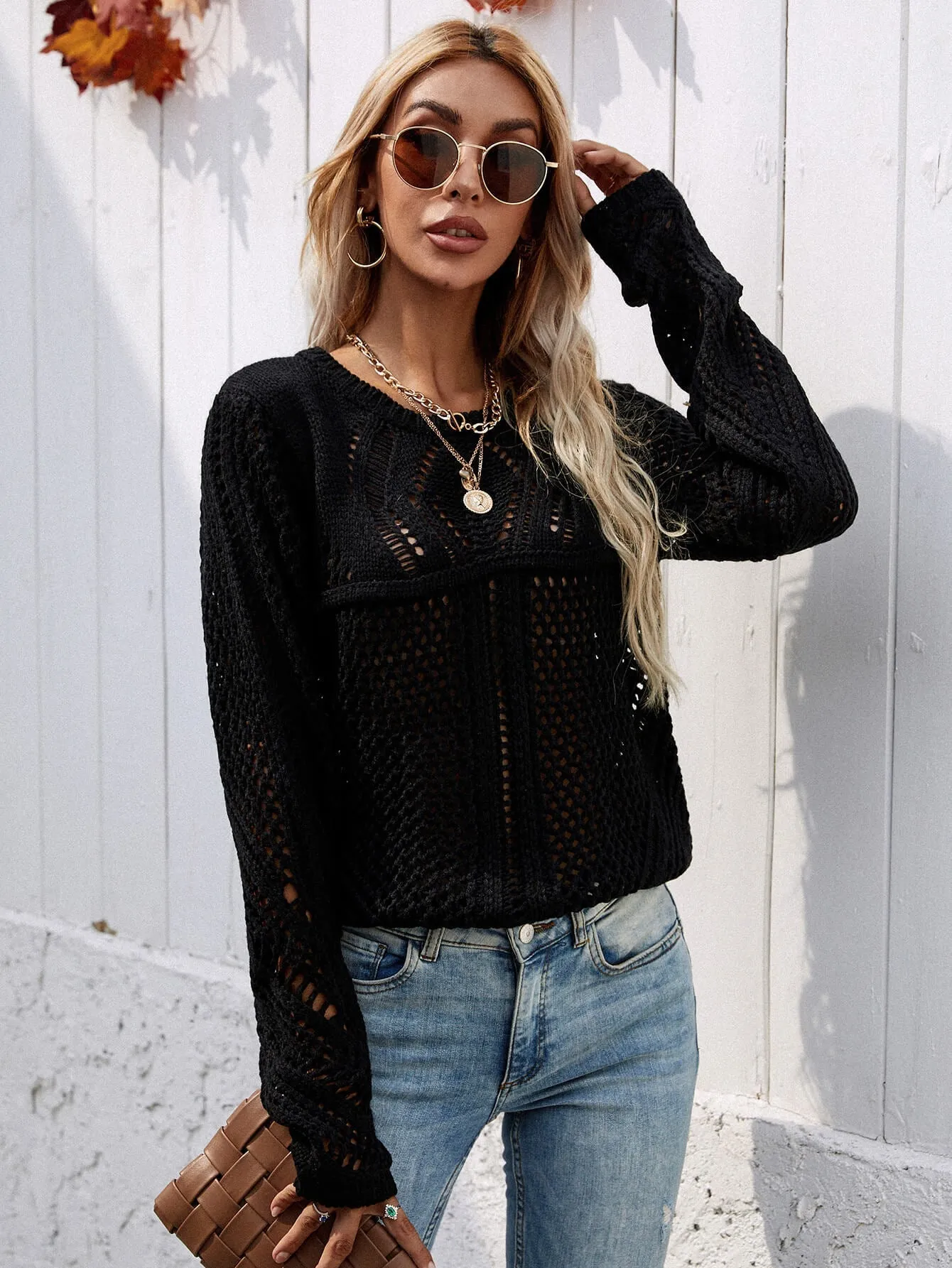 Hollow Out Crochet Knit Top - Black