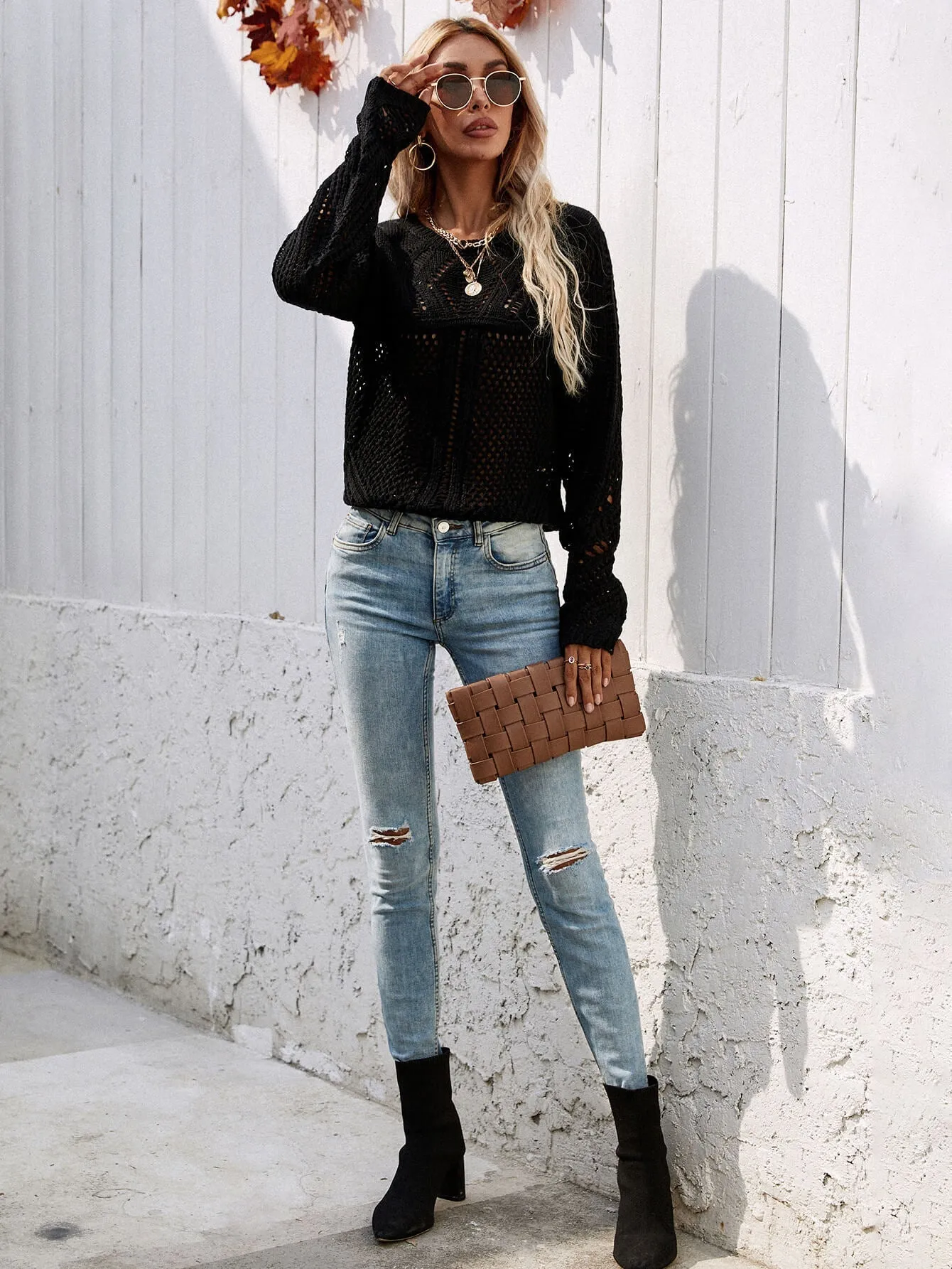 Hollow Out Crochet Knit Top - Black