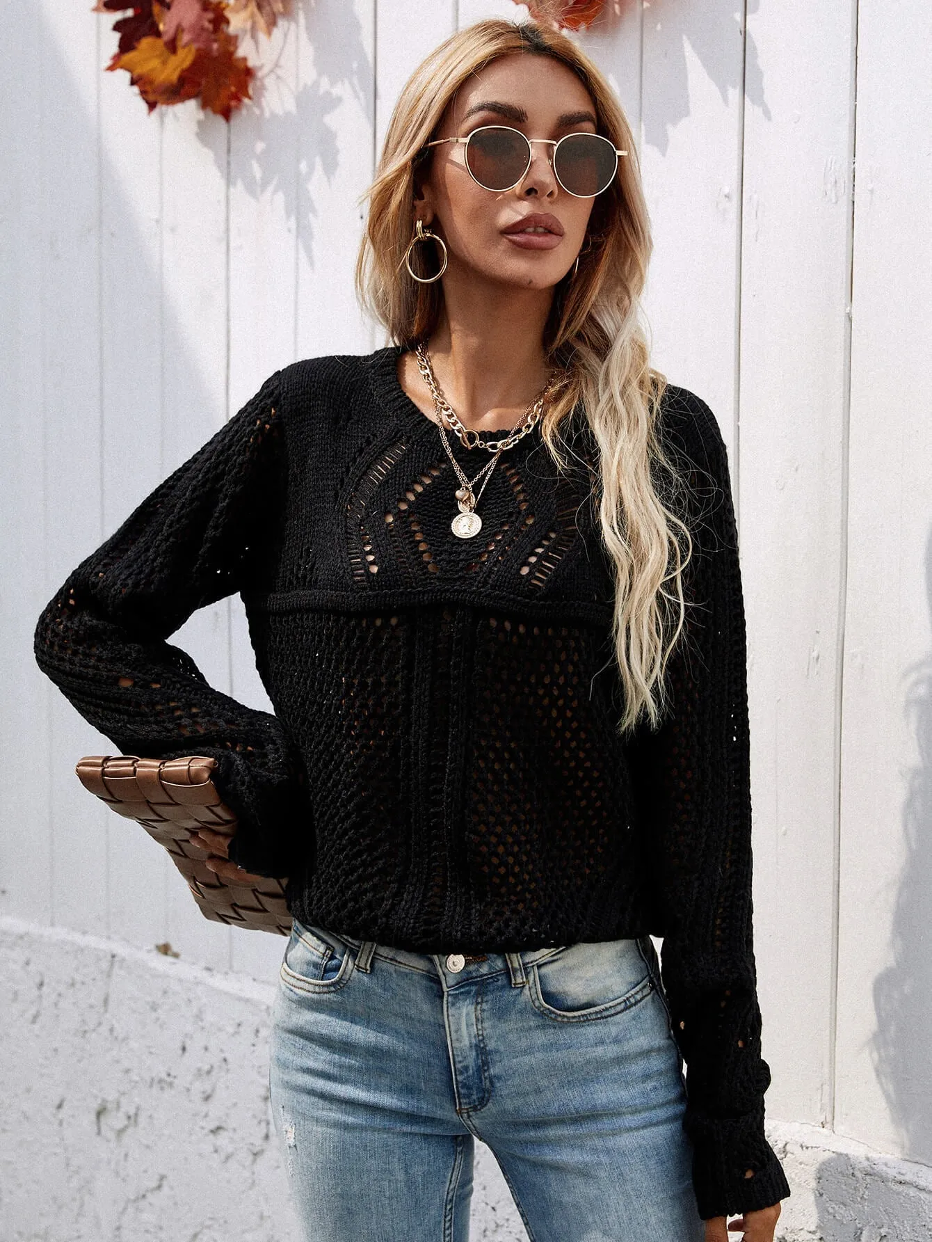 Hollow Out Crochet Knit Top - Black