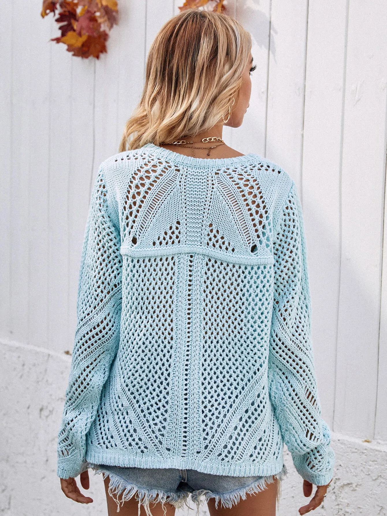 Hollow Out Crochet Knit Top - Blue