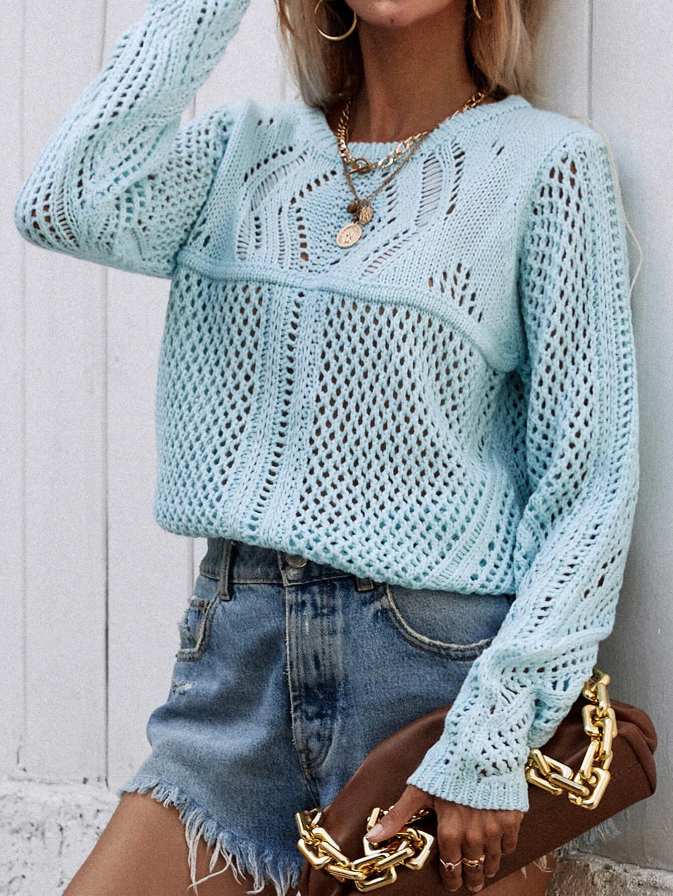 Hollow Out Crochet Knit Top - Blue