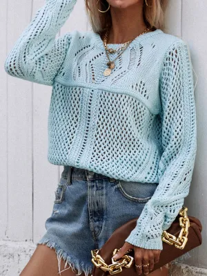 Hollow Out Crochet Knit Top - Blue