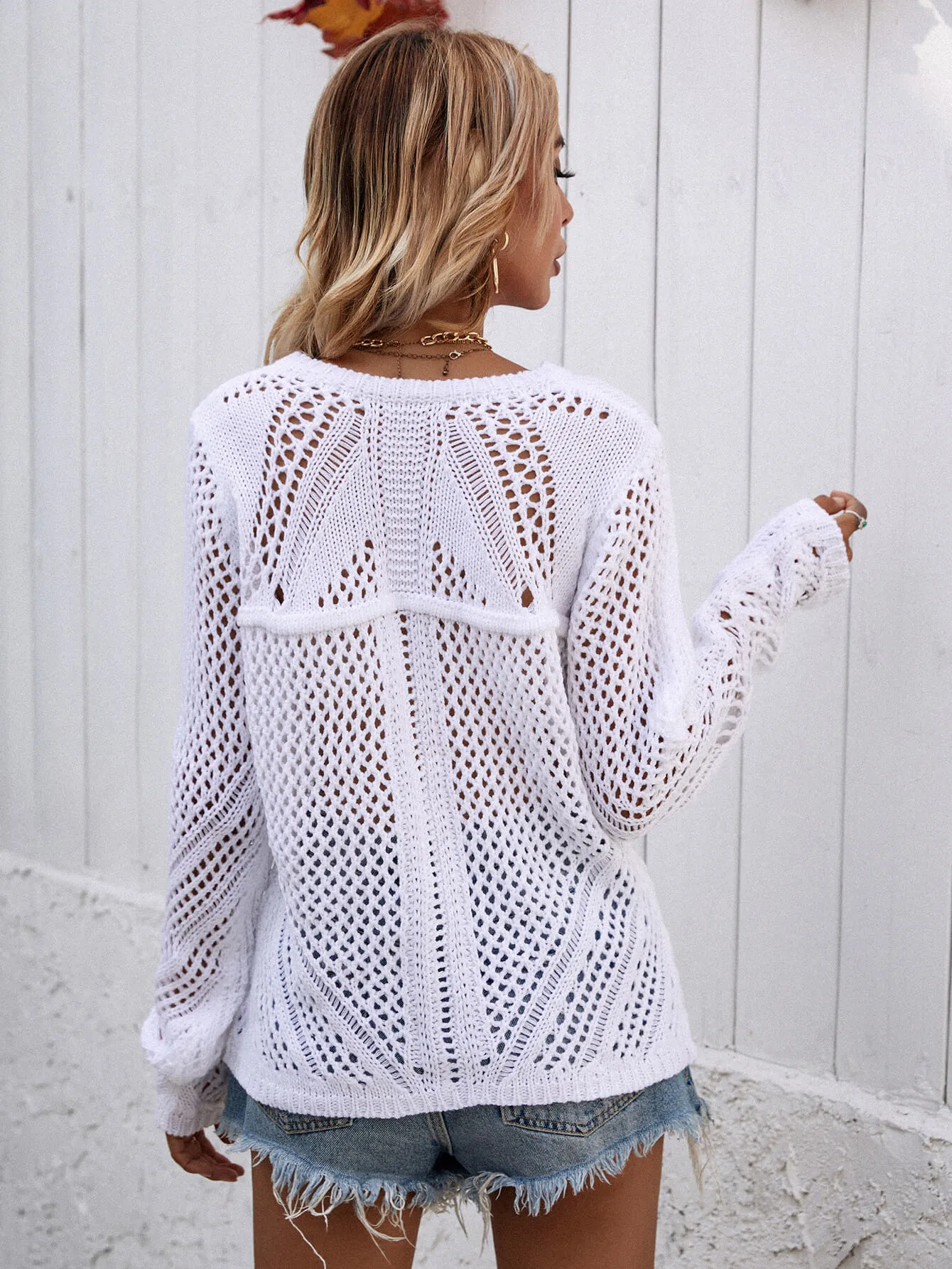 Hollow Out Crochet Knit Top - White