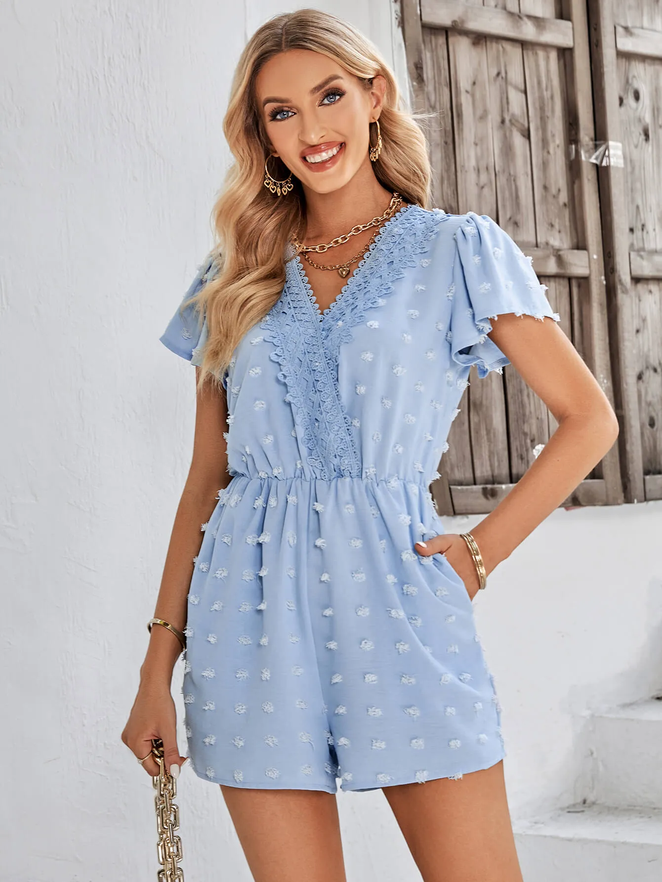 Houston Lace Neck Pop Romper - Blue