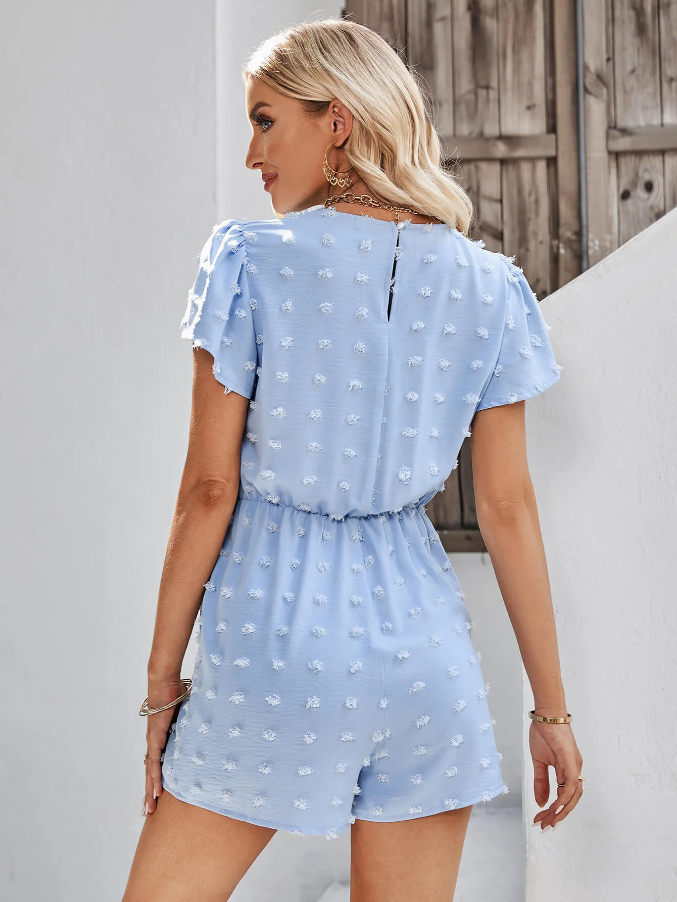 Houston Lace Neck Pop Romper - Blue