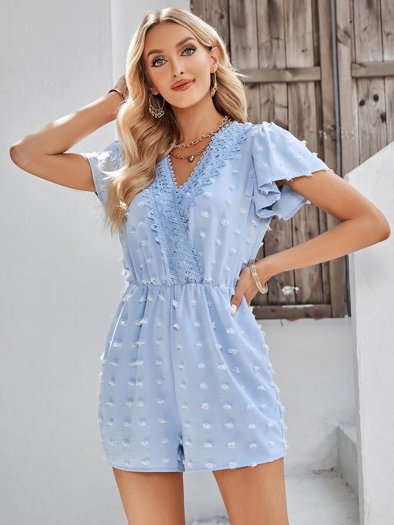 Houston Lace Neck Pop Romper - Blue