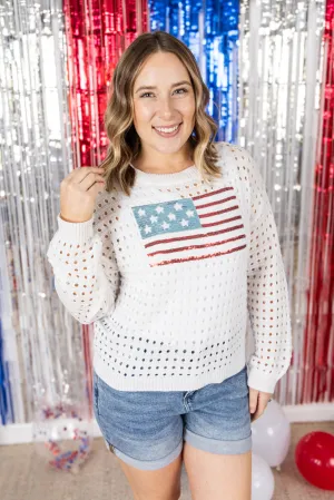 IN PRODUCTION USA Sequin Flag Open Knit Pullover