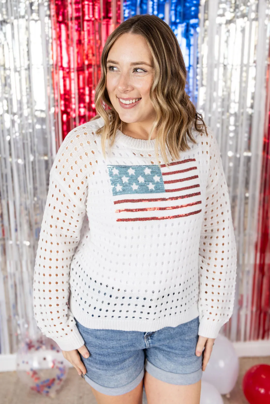 IN PRODUCTION USA Sequin Flag Open Knit Pullover