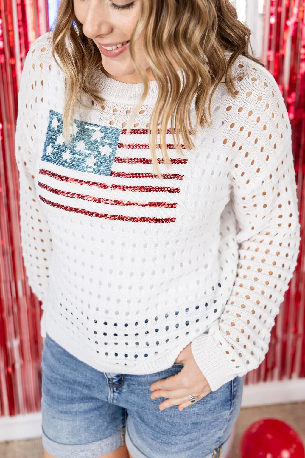 IN PRODUCTION USA Sequin Flag Open Knit Pullover