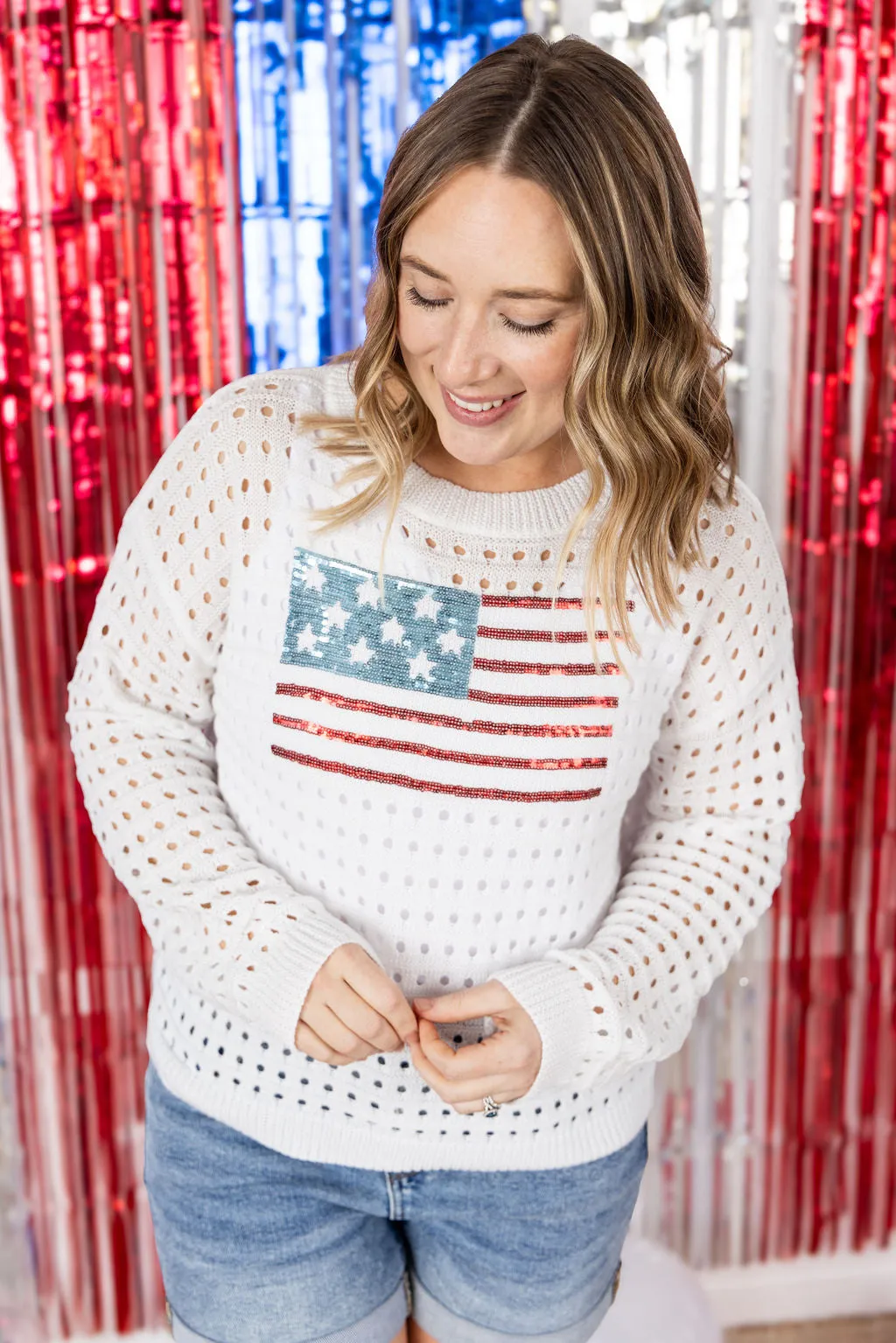 IN PRODUCTION USA Sequin Flag Open Knit Pullover