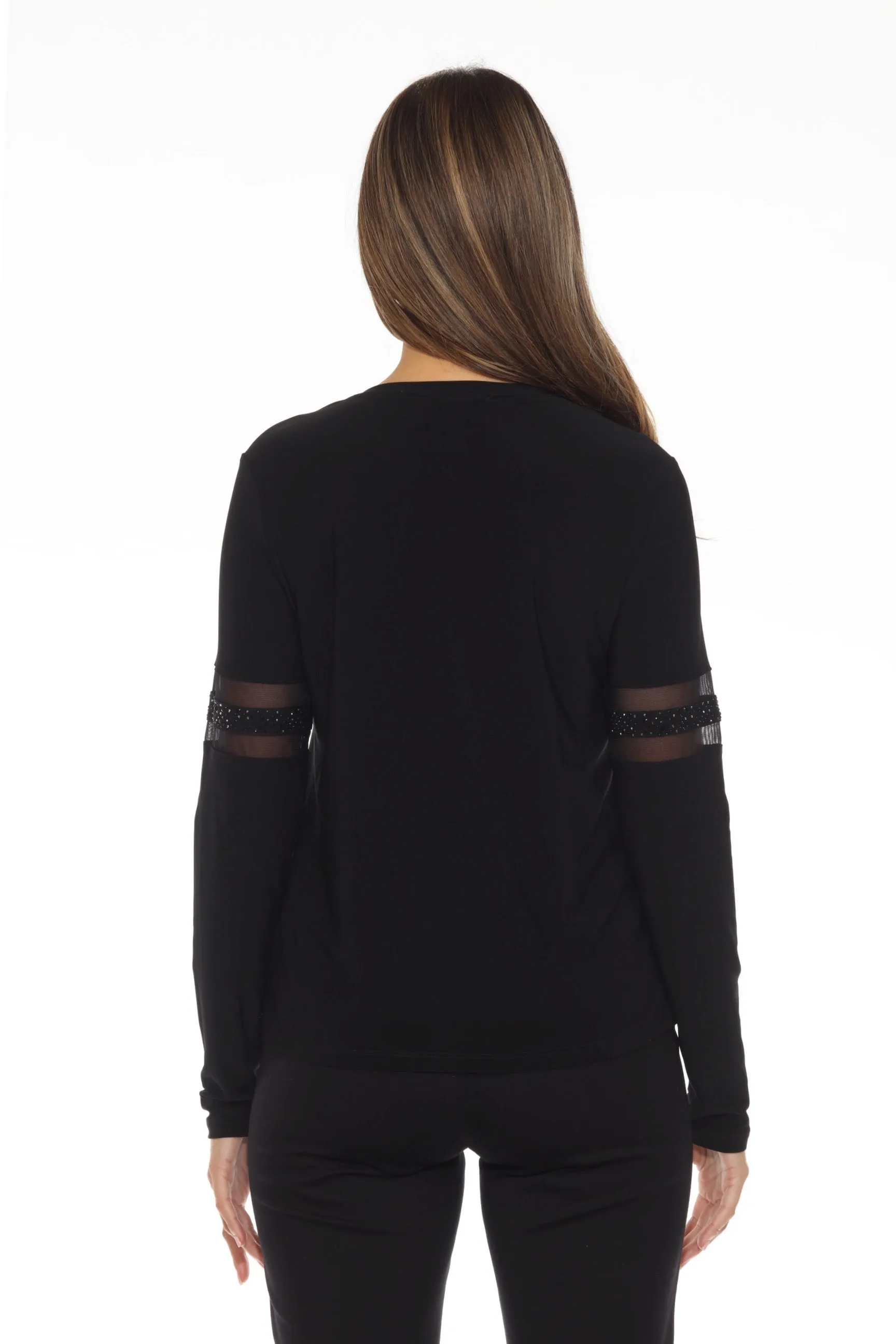 Joseph Ribkoff Black Embellished Mesh Insert Long Sleeve Top 243105