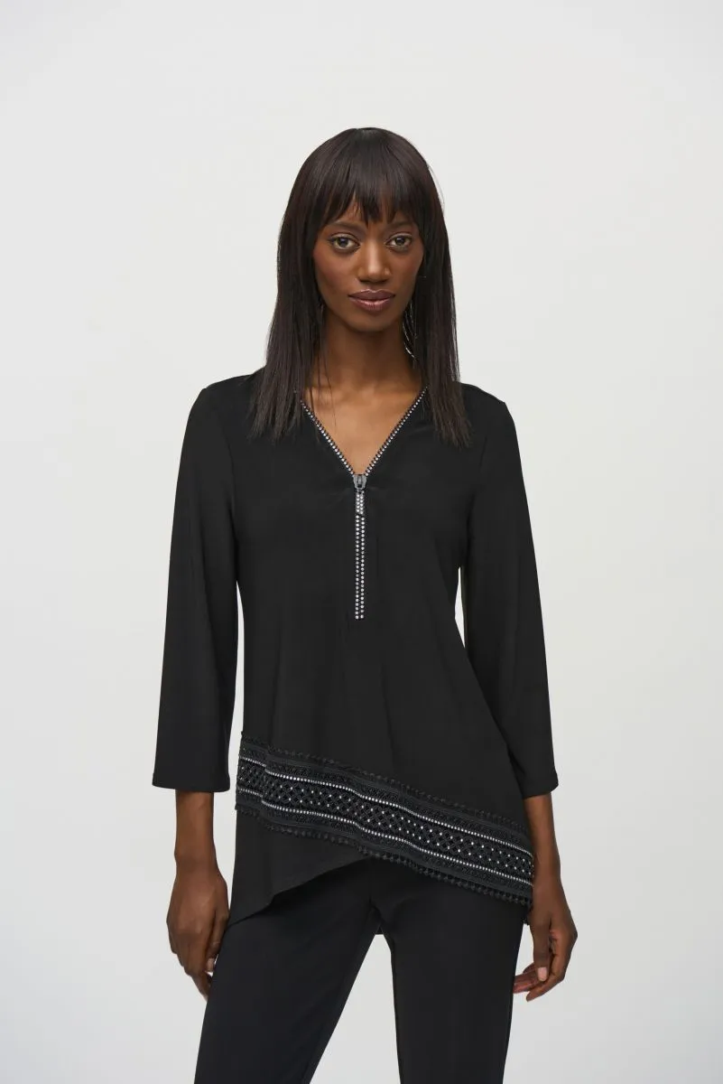 Joseph Ribkoff Embellished Zip V-Neck High-Low Tunic Top 244026