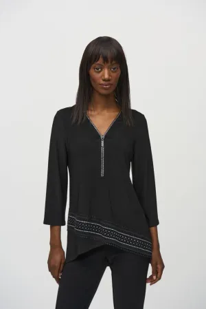 Joseph Ribkoff Embellished Zip V-Neck High-Low Tunic Top 244026
