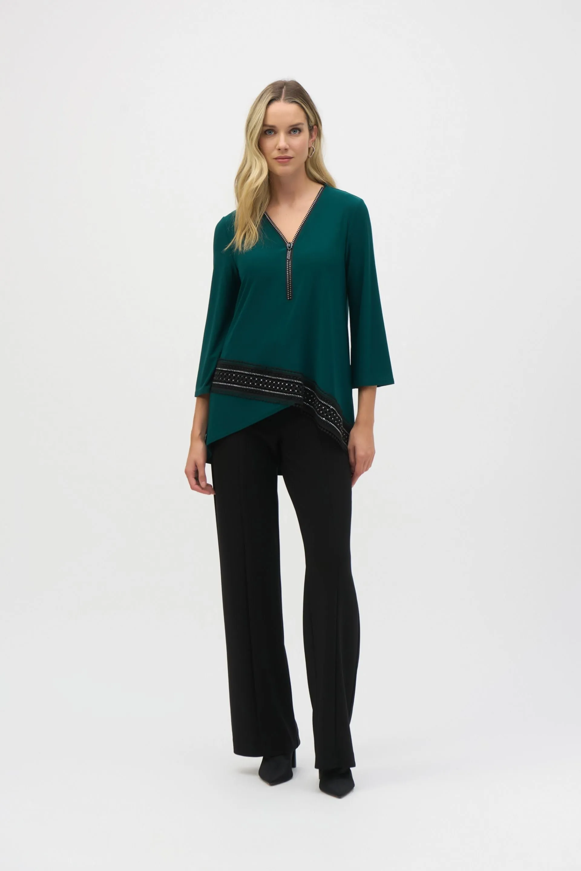 Joseph Ribkoff Embellished Zip V-Neck High-Low Tunic Top 244026