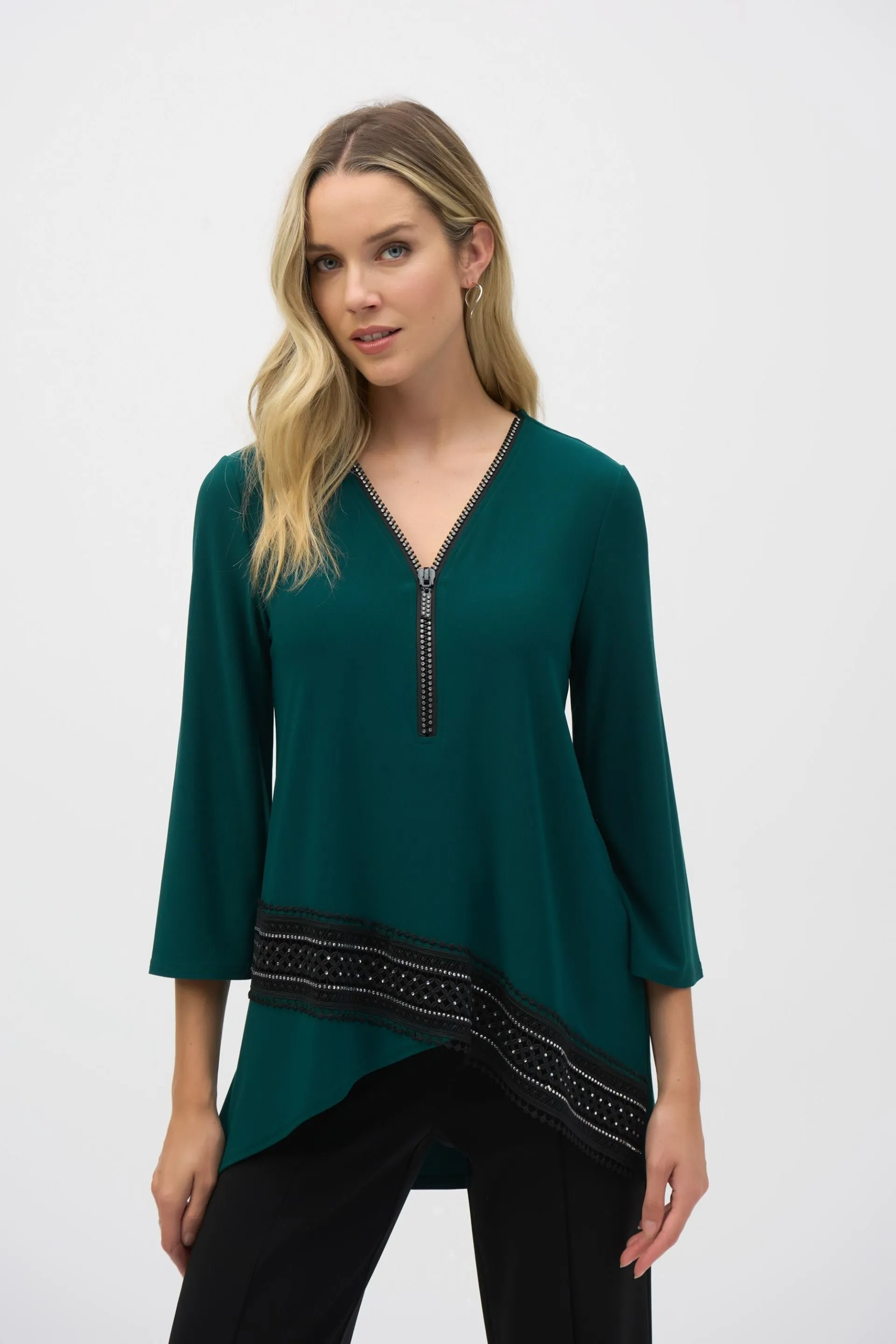 Joseph Ribkoff Embellished Zip V-Neck High-Low Tunic Top 244026