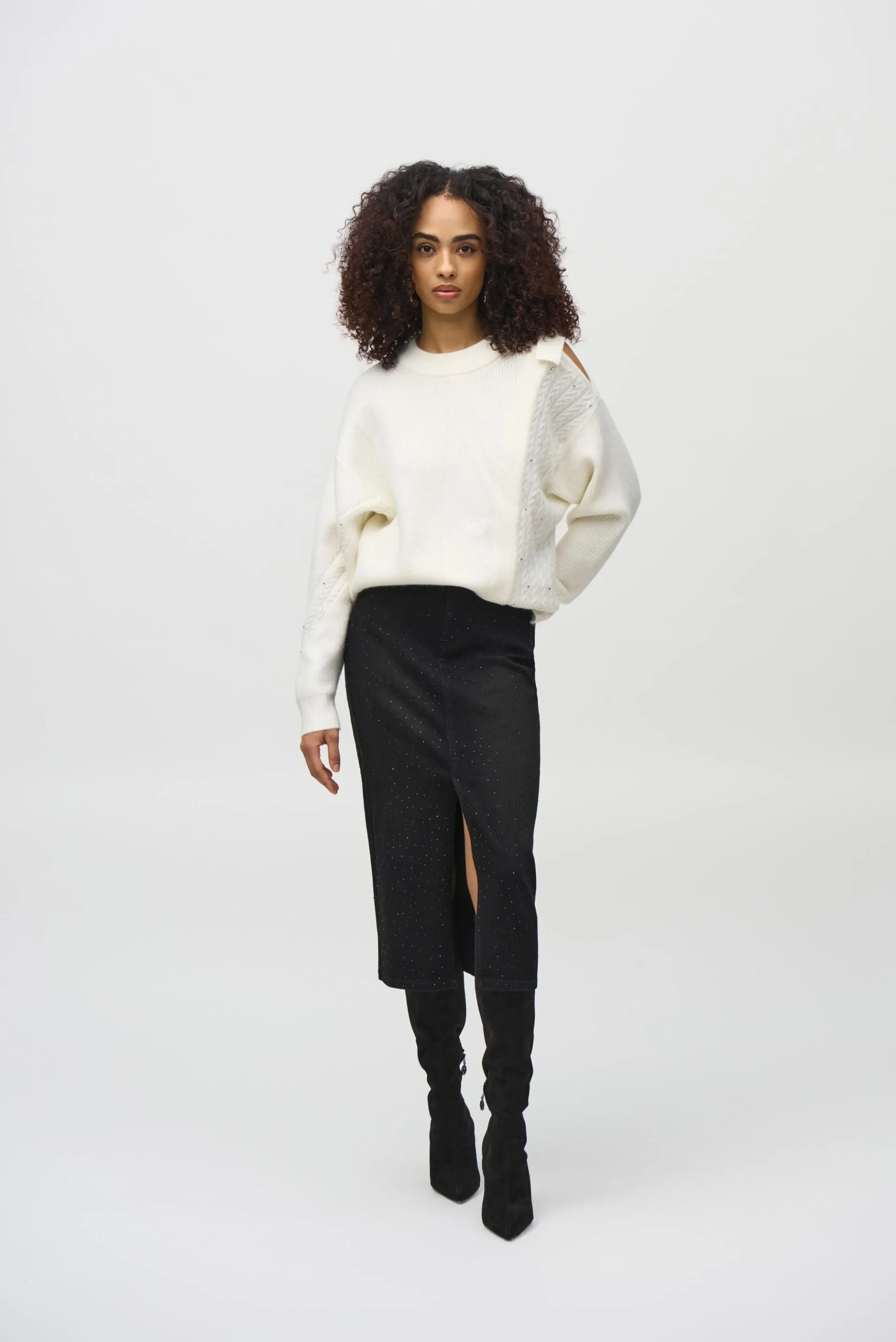 Joseph Ribkoff Vanilla Embellished Cold Shoulder Sweater Top 244937