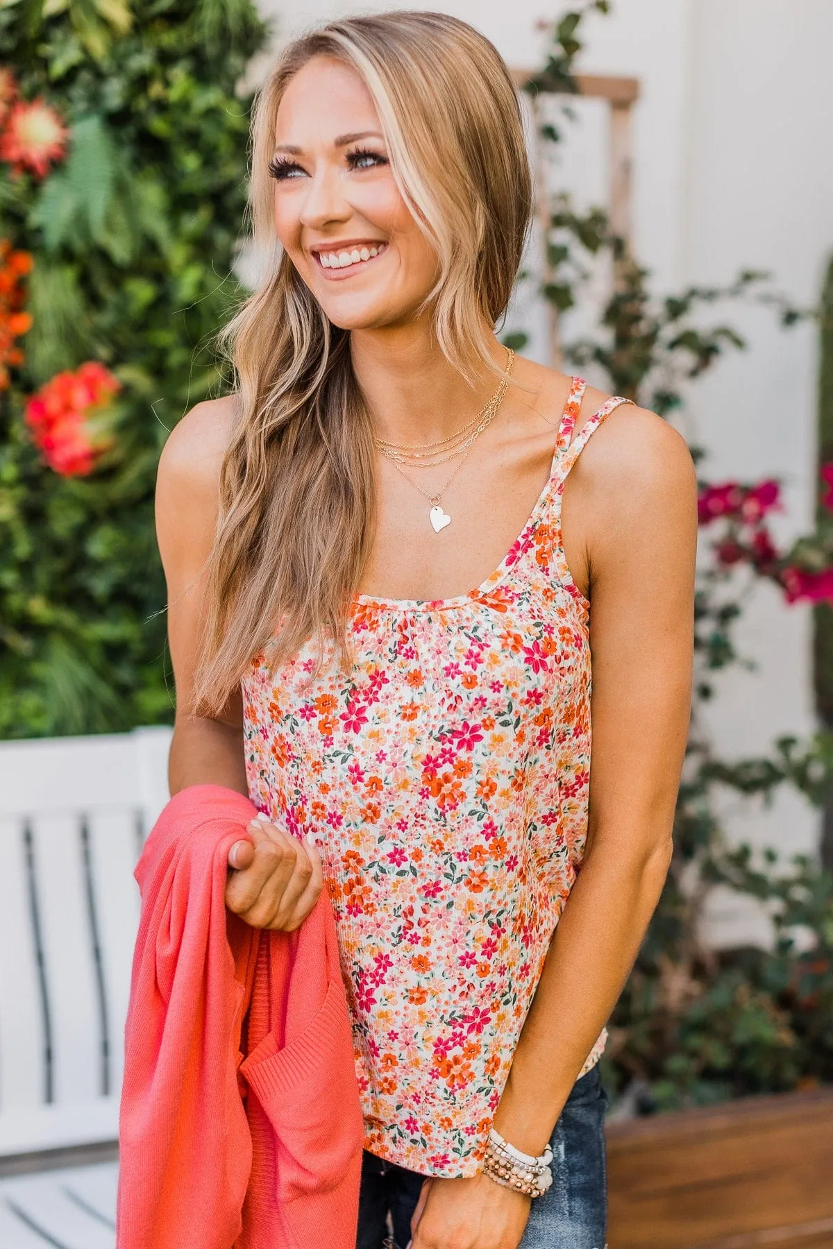 Just A Crush Floral Tank Top- Ivory & Orange