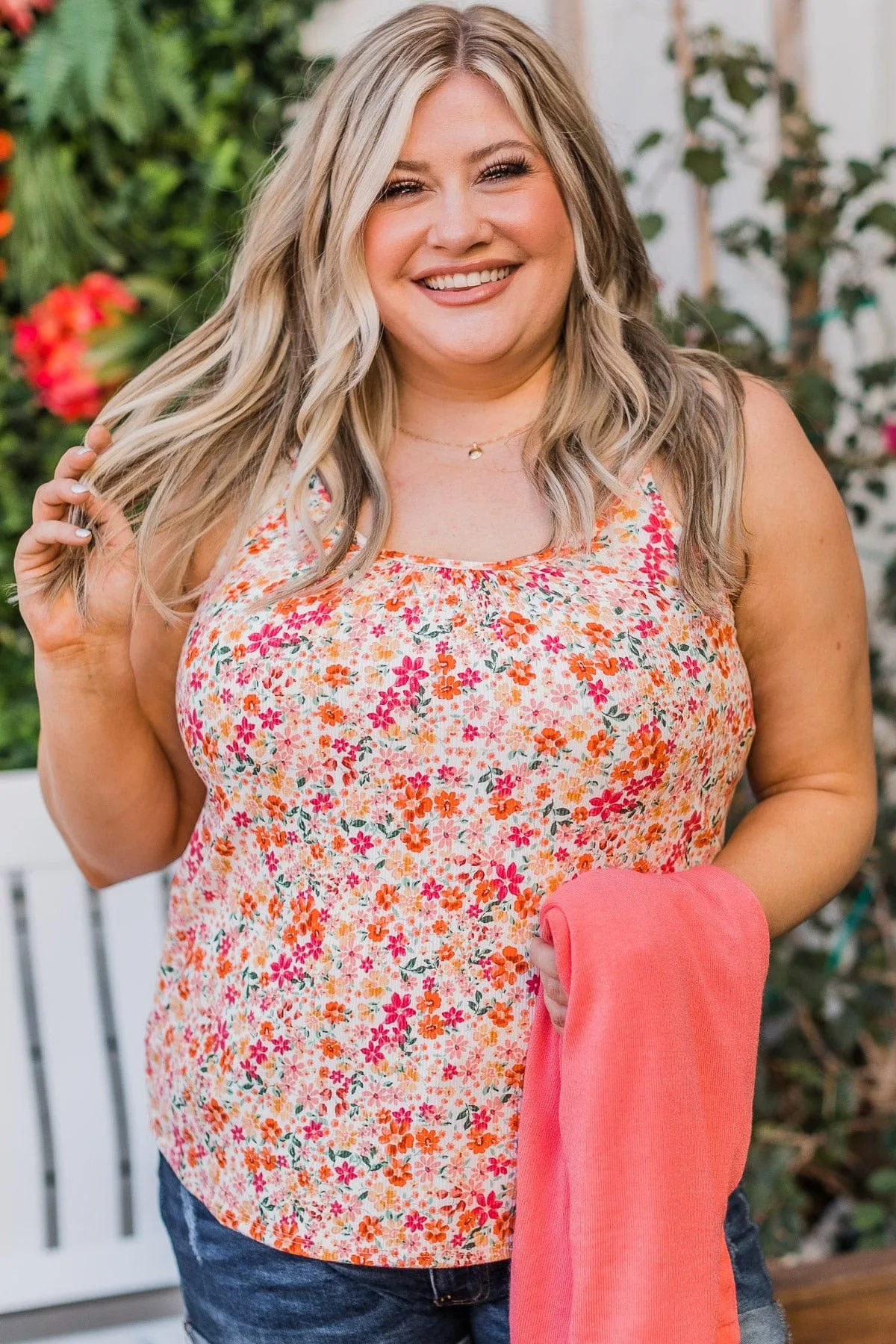 Just A Crush Floral Tank Top- Ivory & Orange
