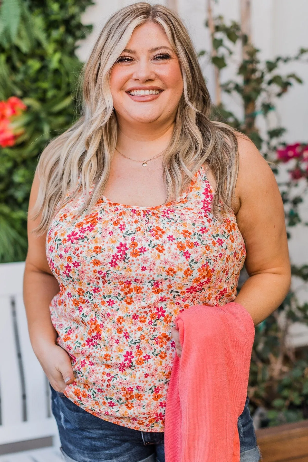 Just A Crush Floral Tank Top- Ivory & Orange