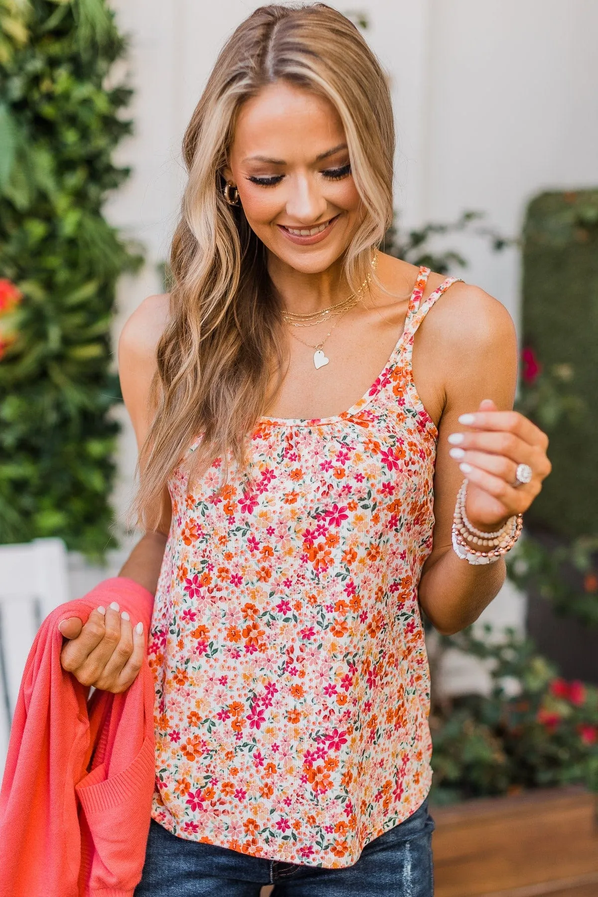 Just A Crush Floral Tank Top- Ivory & Orange