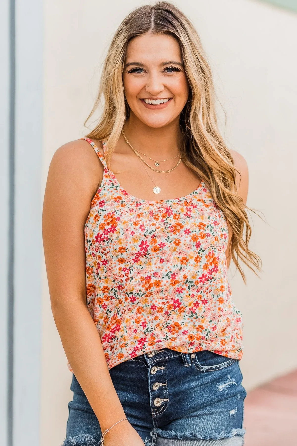 Just A Crush Floral Tank Top- Ivory & Orange