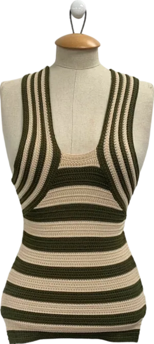 Karen Millen Olive Stripe Viscose Blend Crochet Knit Cross Front Top XS