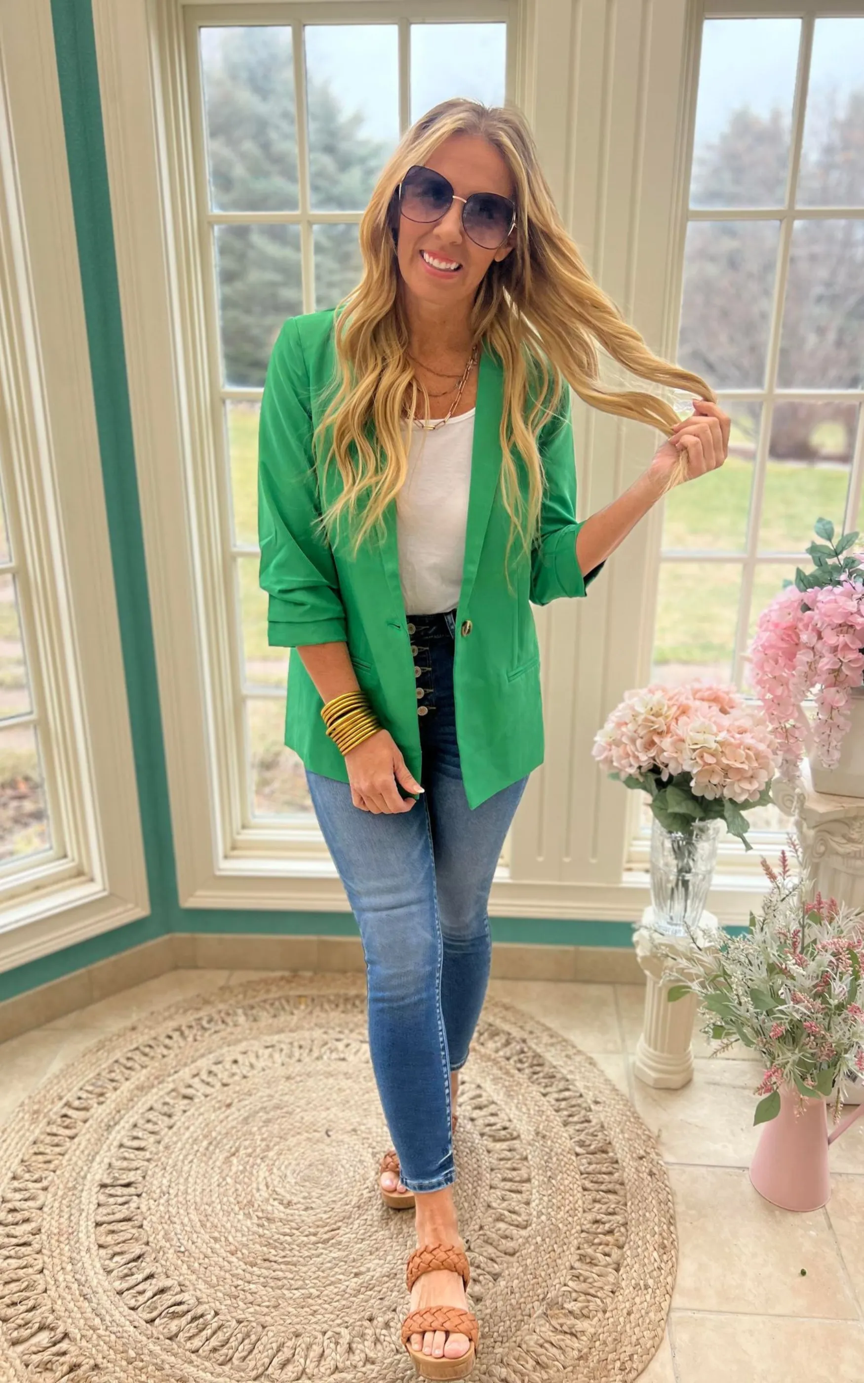 Kelly Green Folded Sleeves Blazer Jacket