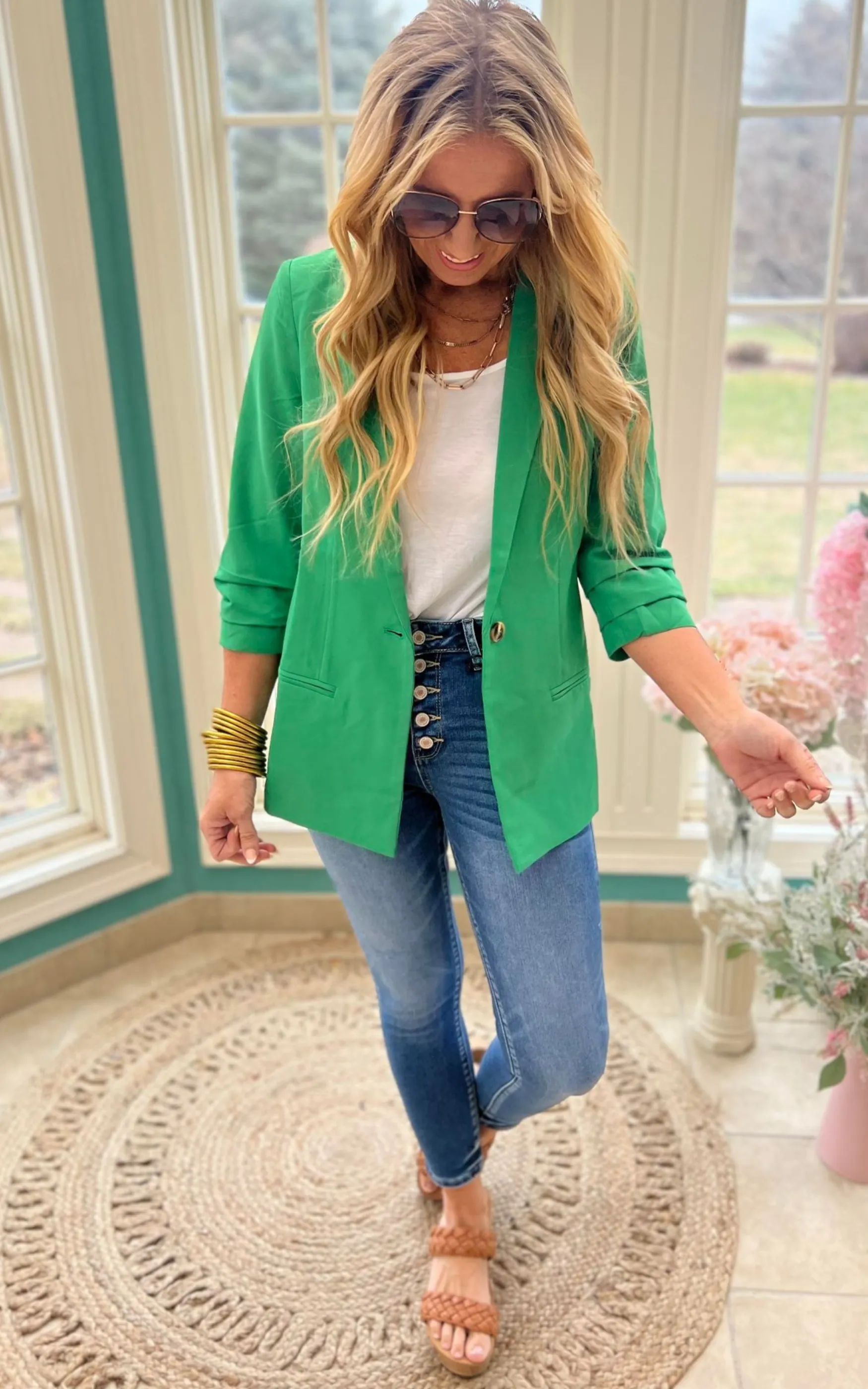 Kelly Green Folded Sleeves Blazer Jacket