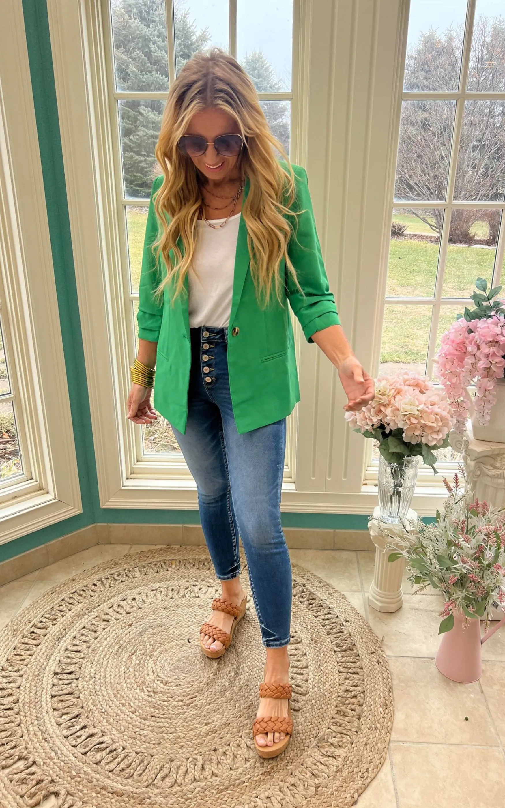 Kelly Green Folded Sleeves Blazer Jacket